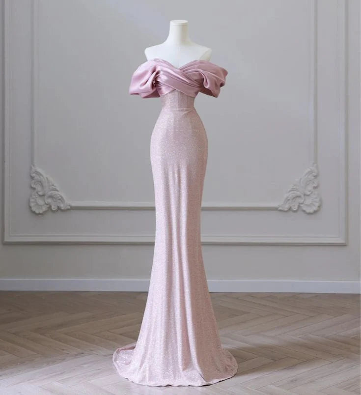TingPo Wholesale Elegant Pretty Mermaid Off The Shoulder Sequin Long Evening Dress Pink Prom Dresses With Ruffles